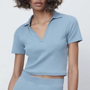 Zara Ribbed Crop Polo Shirt Medium